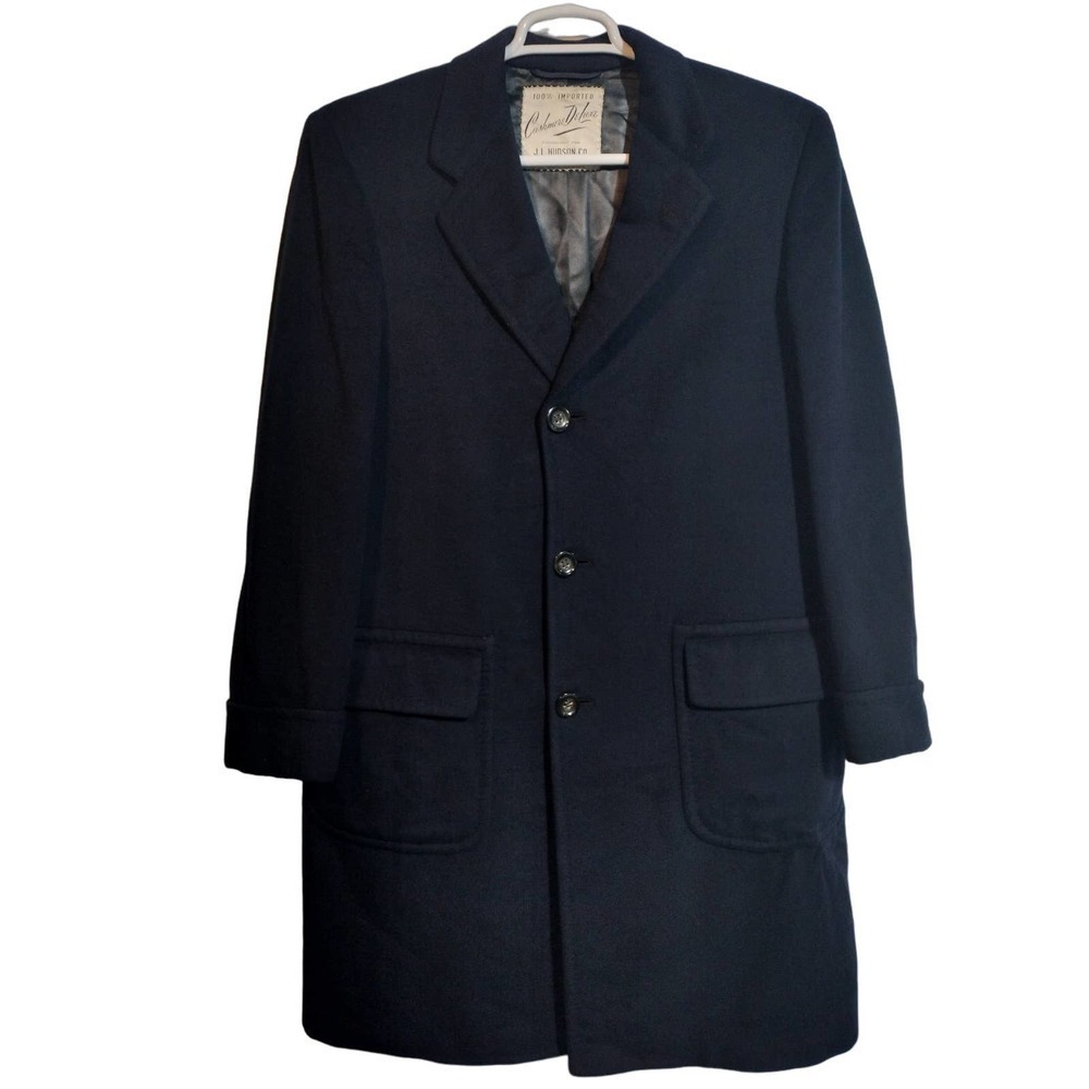 J L Hudson VINTAGE tailored 100% cashmere dark blue long overcoat men size 48-50